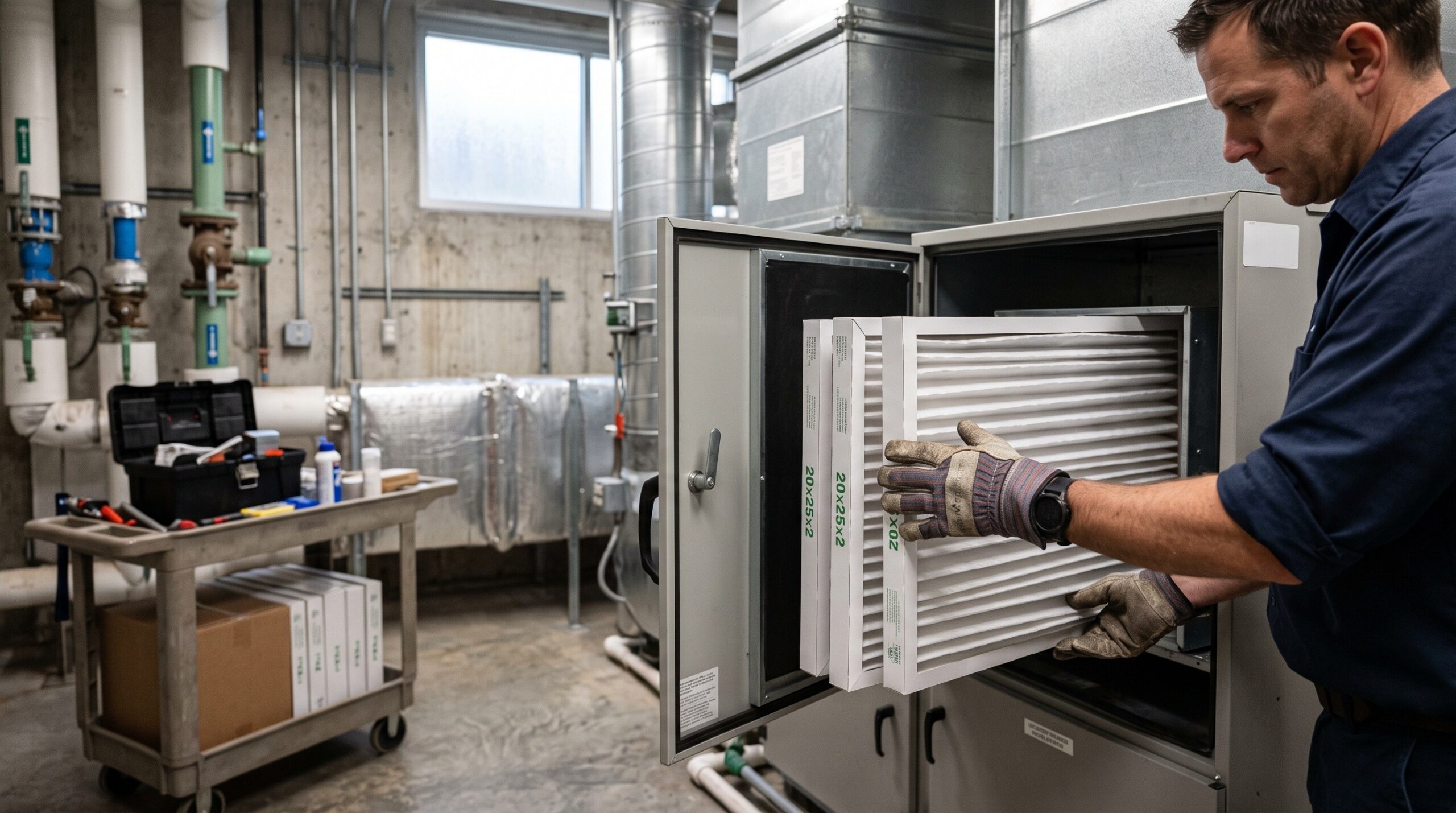 School technician replaces an HVAC filter for cleaner air